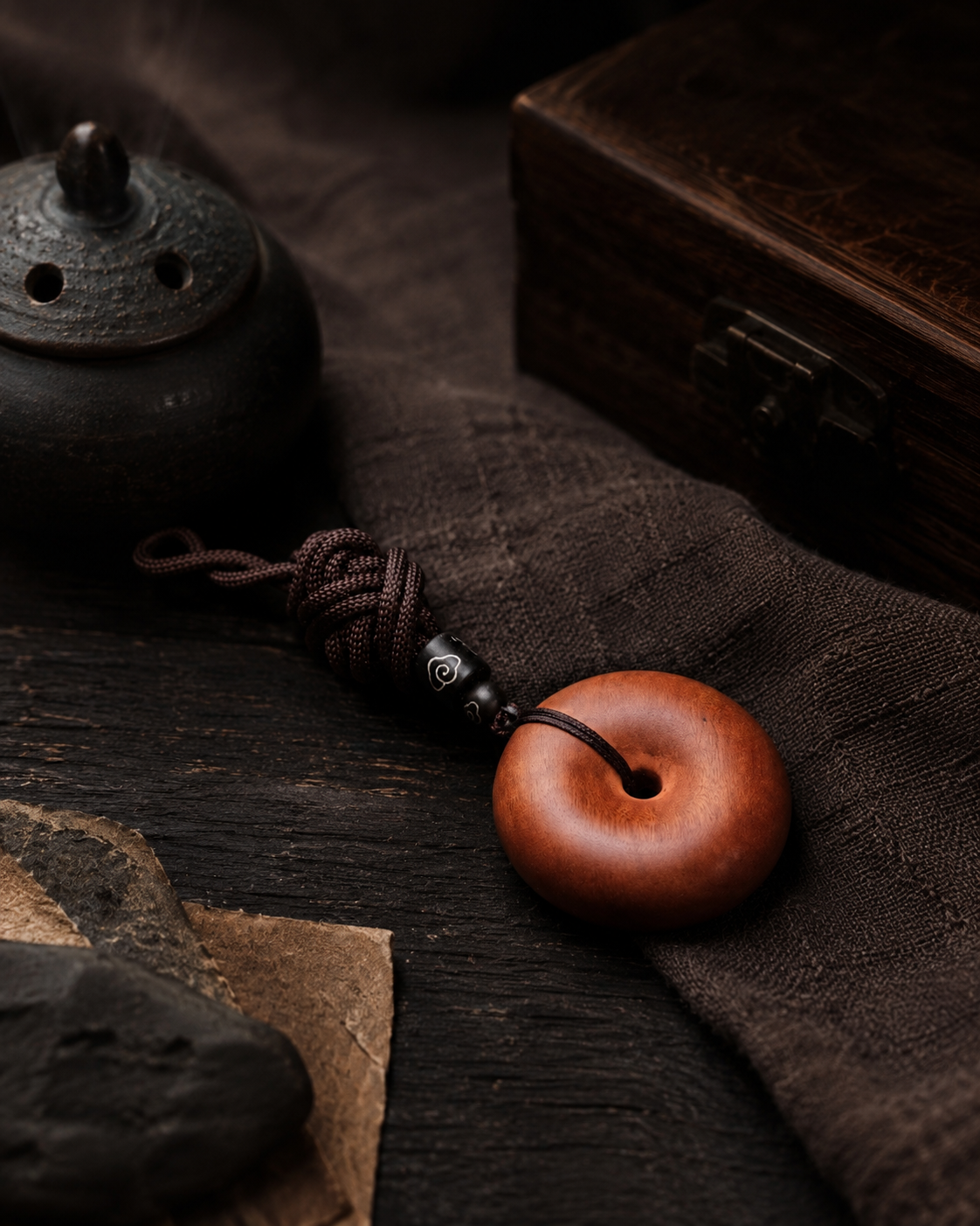 Round Peace Buckle Pendant in Thunderstruck Wood